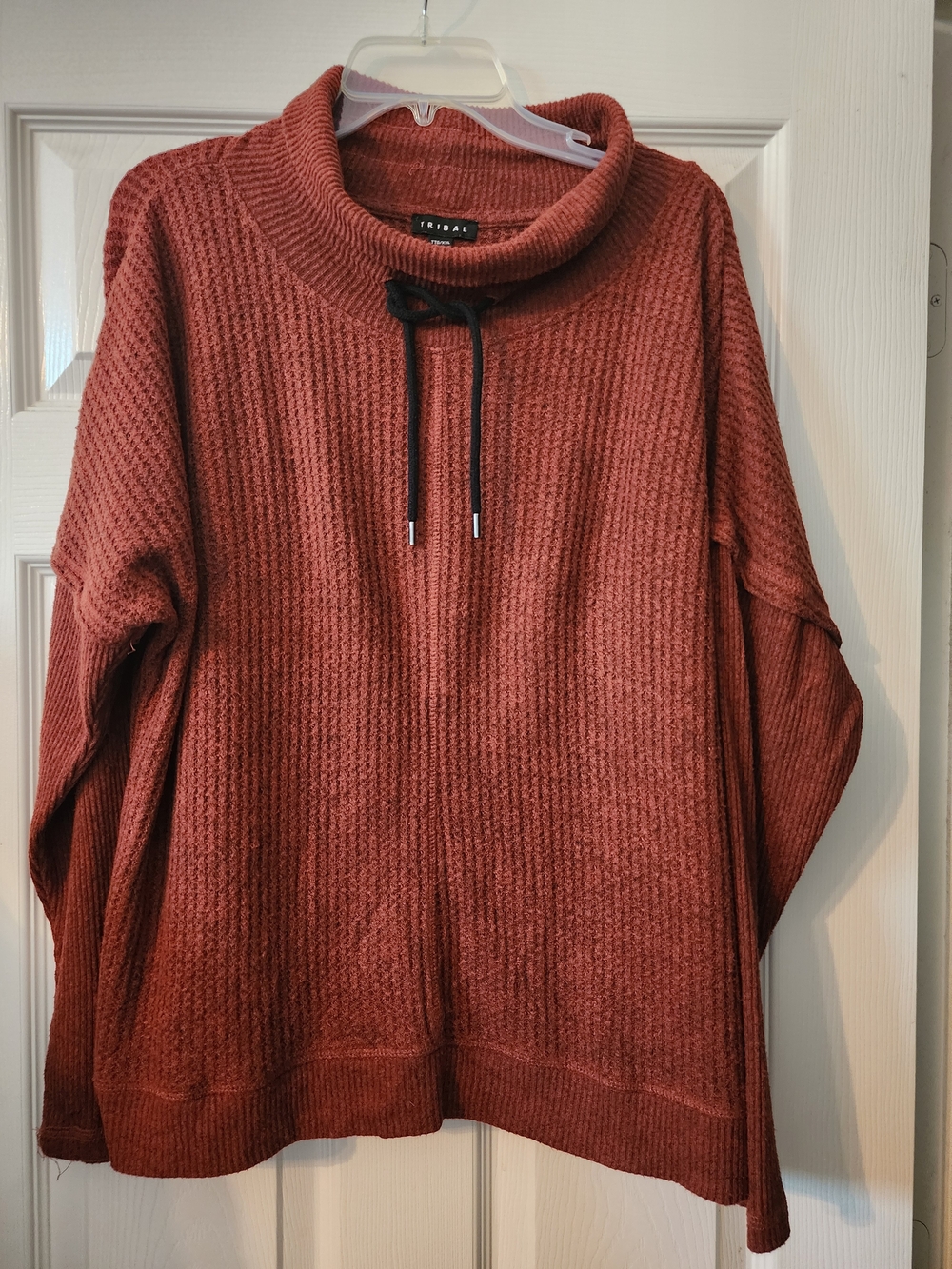 Tribal Sportswear Rust Waffle Knit Drawstring Cowl Neck Sweater Size XXL - Picture 2 of 6